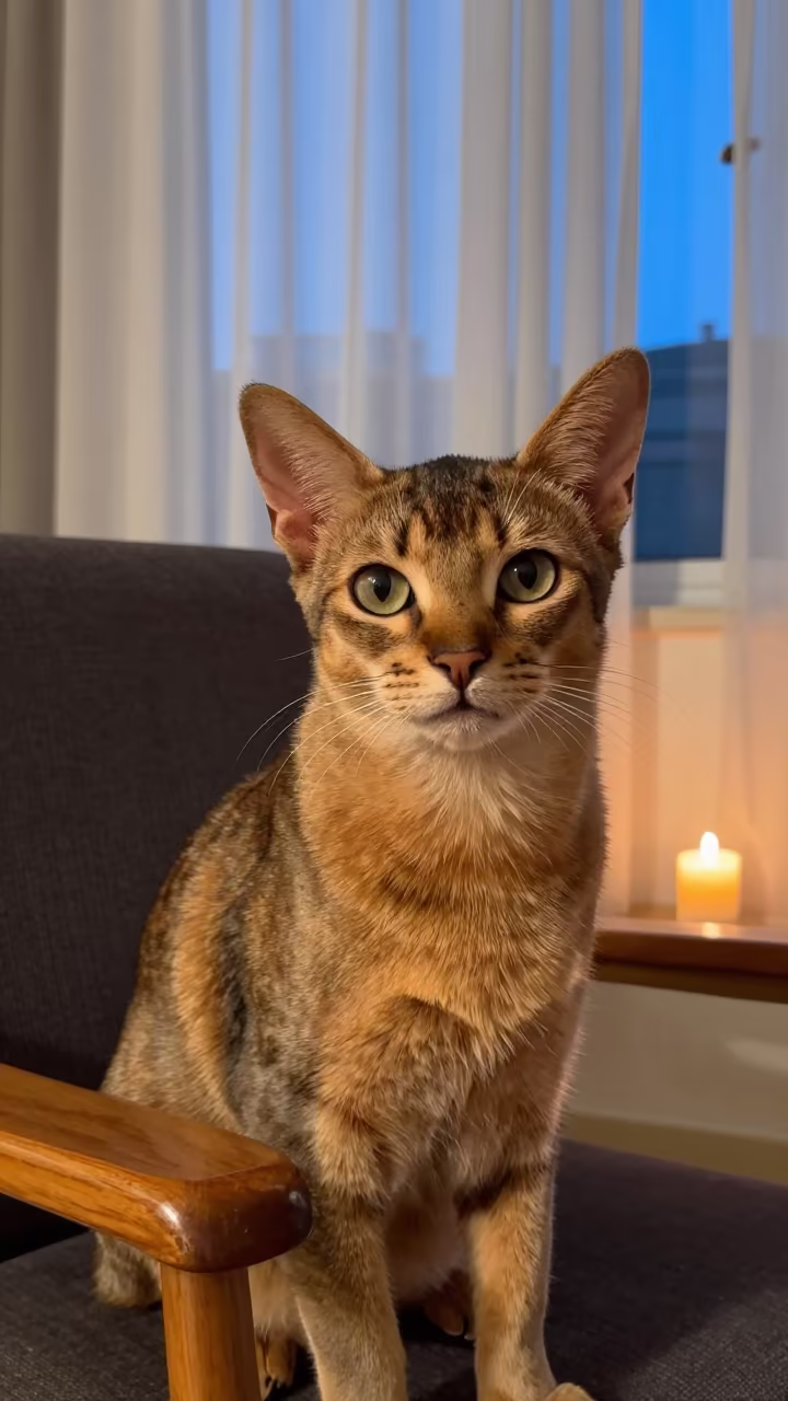 Somali Cat Portrait on Sofa Near Window in on a sofa near a curtained window with calm indoor light in Providence