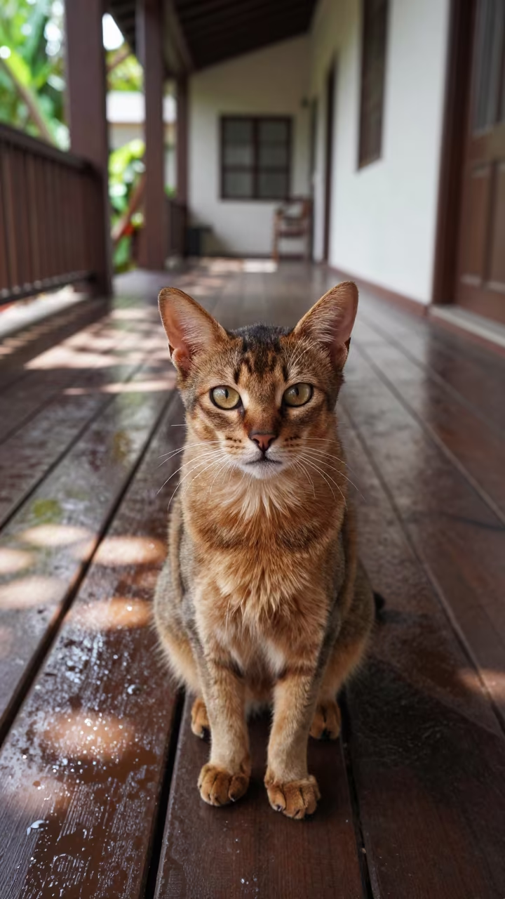 Somali Cat Portrait Shaded Porch Senopati Jakarta in on a shaded front porch with boards, railings, and eye-level framing in Senopati, Jakarta