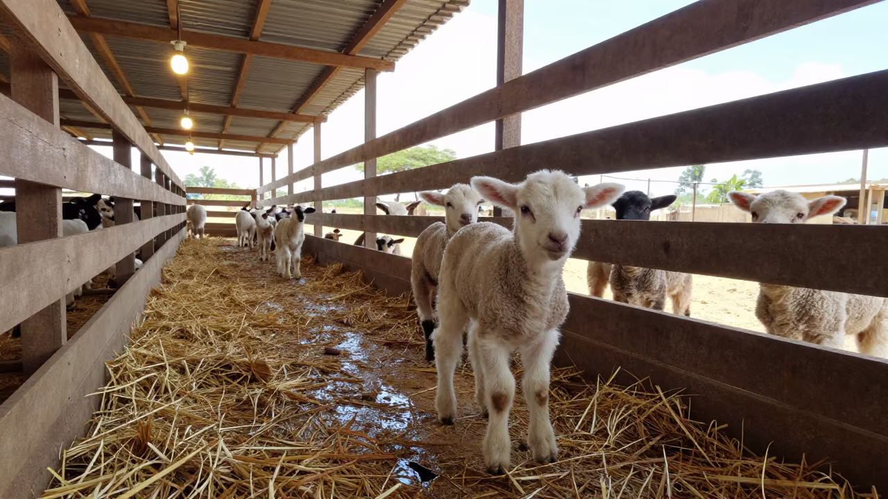 Somali Lamb Nursery Pen Under Warm Bulbs in along a feedlot lane in Somalia