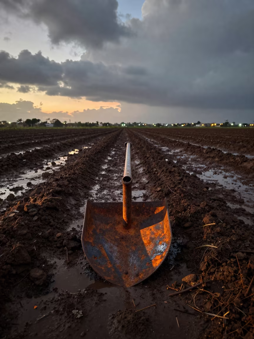 Somali Plowshare Catching Rain Light at Twilight in along freshly irrigated rows in Somalia