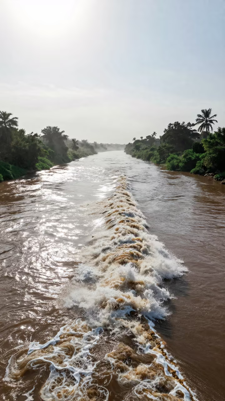Somali River Tidal Bore Under Noon Sun in in Somalia