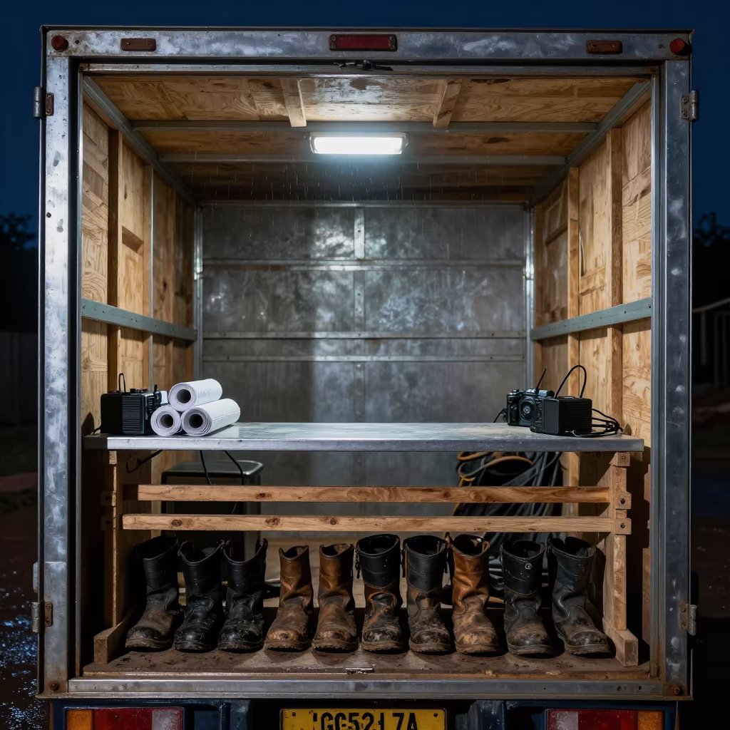 Somalia Construction Trailer Desk Night Rain Boots in beside a framed building shell in Somalia