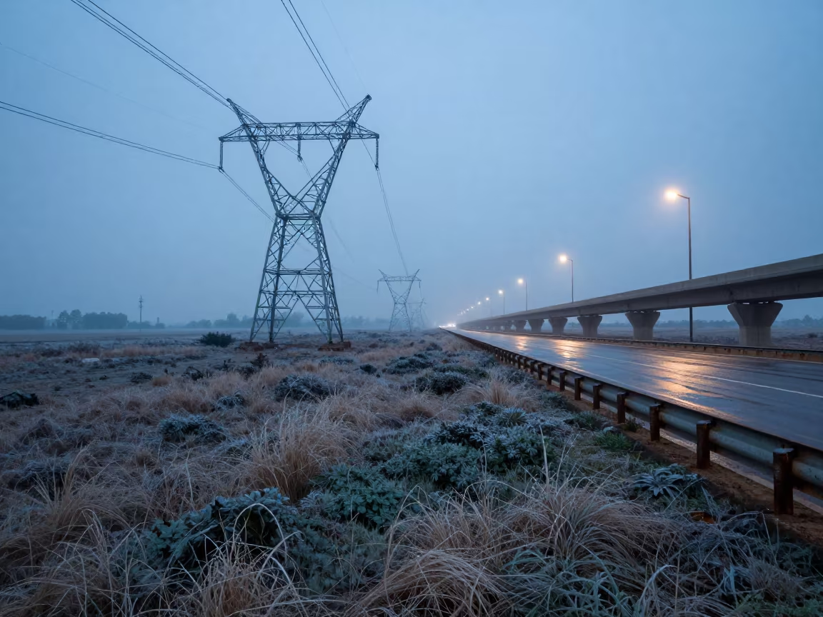 Somalia Overpass Transmission Lines at Dusk in across a windy overpass interchange in Somalia