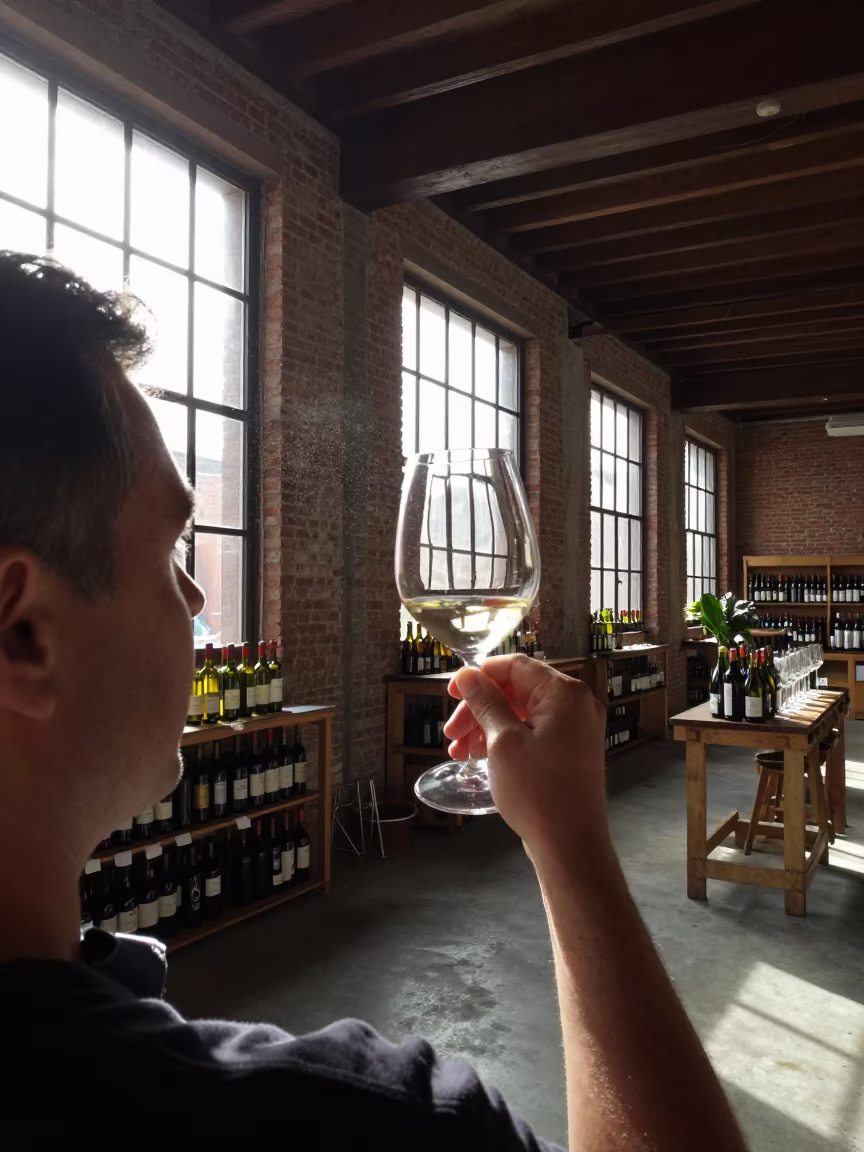 Sommelier Examining Wine Glass in Madrid Loft in in a warehouse loft in Madrid