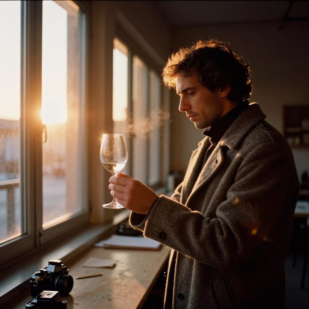 Sommelier Examining Wine Glass at Sunset in in a studio in Rimini