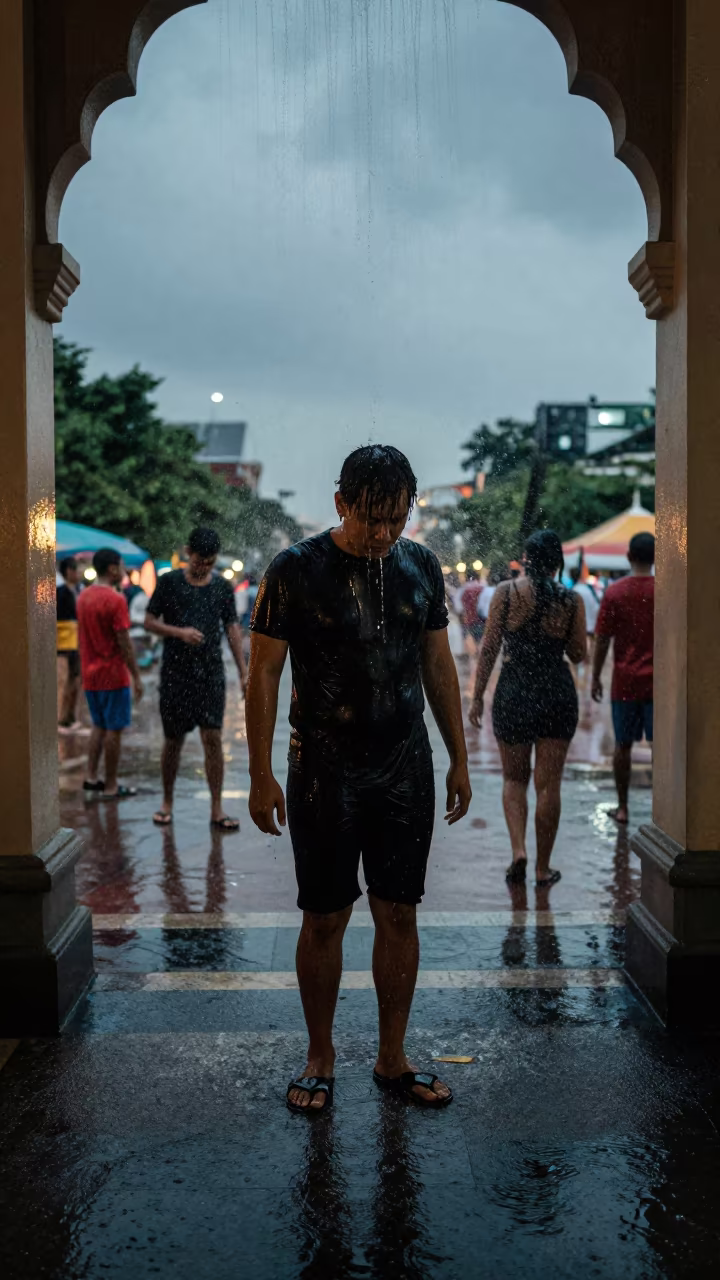 Songkran Reveler Drenched in Night Water Fight Bangkok in at a public square during a festival in Bangkok