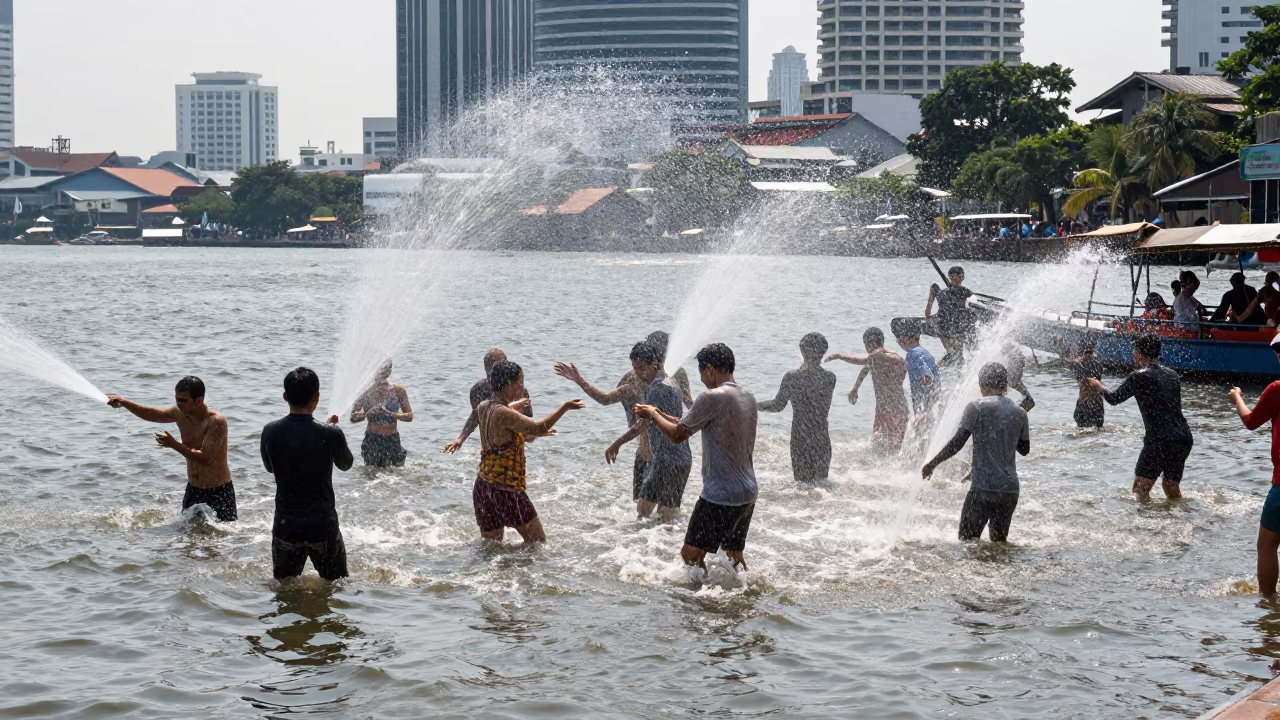 Songkran Reveler Soaked at Bangkok Waterfront in at a waterfront celebration in Sukhumvit, Bangkok