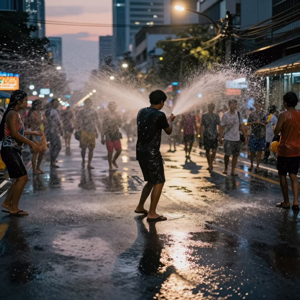 Songkran Reveler Sprays Water on Bangkok Street in at a festival street procession near Bangkok