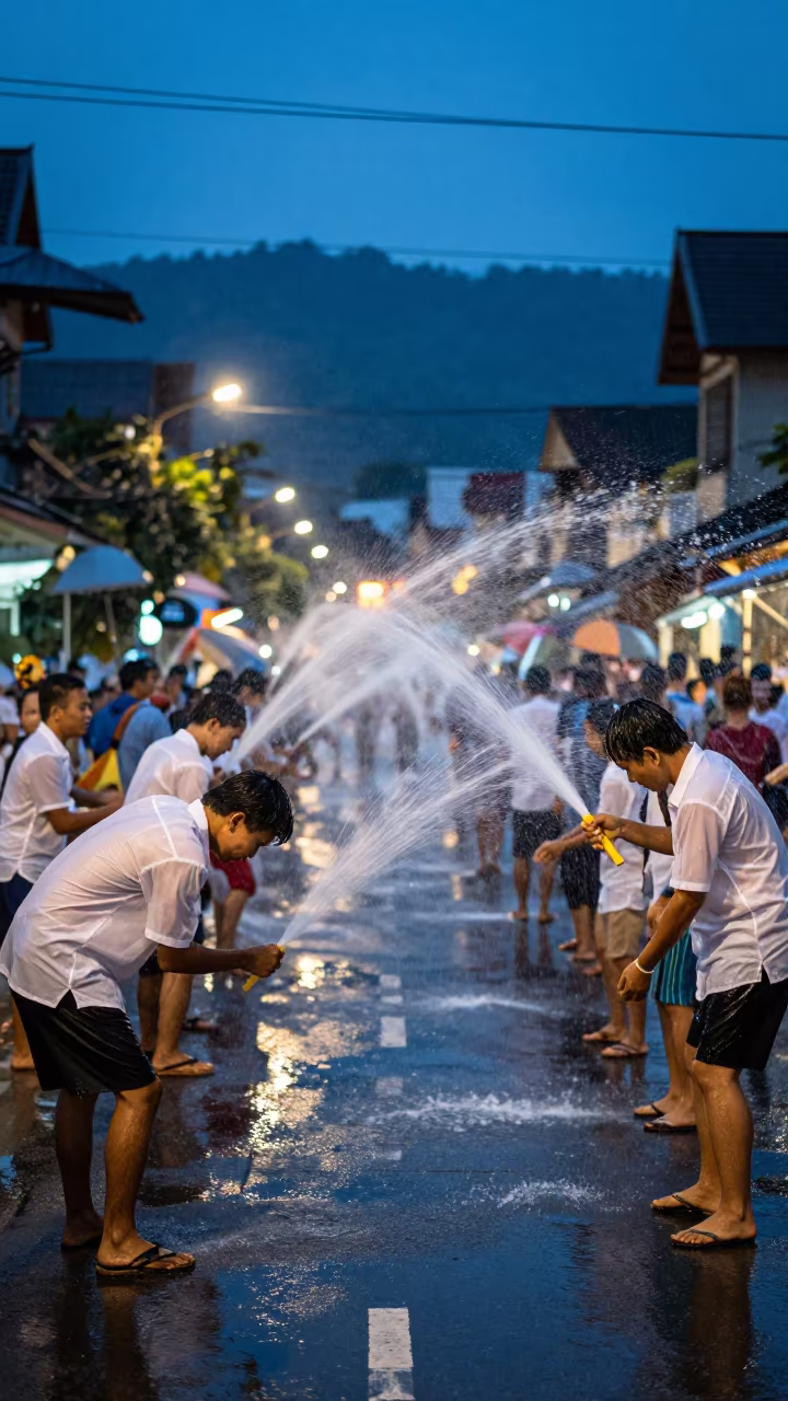 Songkran Reveler Sprays Water in Chiang Mai Evening in at a festival street procession in Chiang Mai