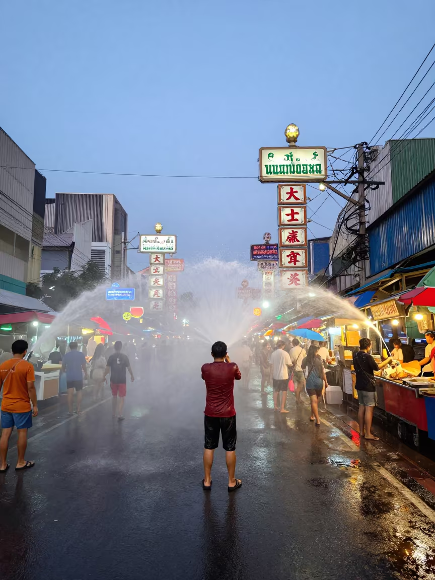 Songkran Reveler Sprays Water Night Market in at a night market near Chinatown, Bangkok
