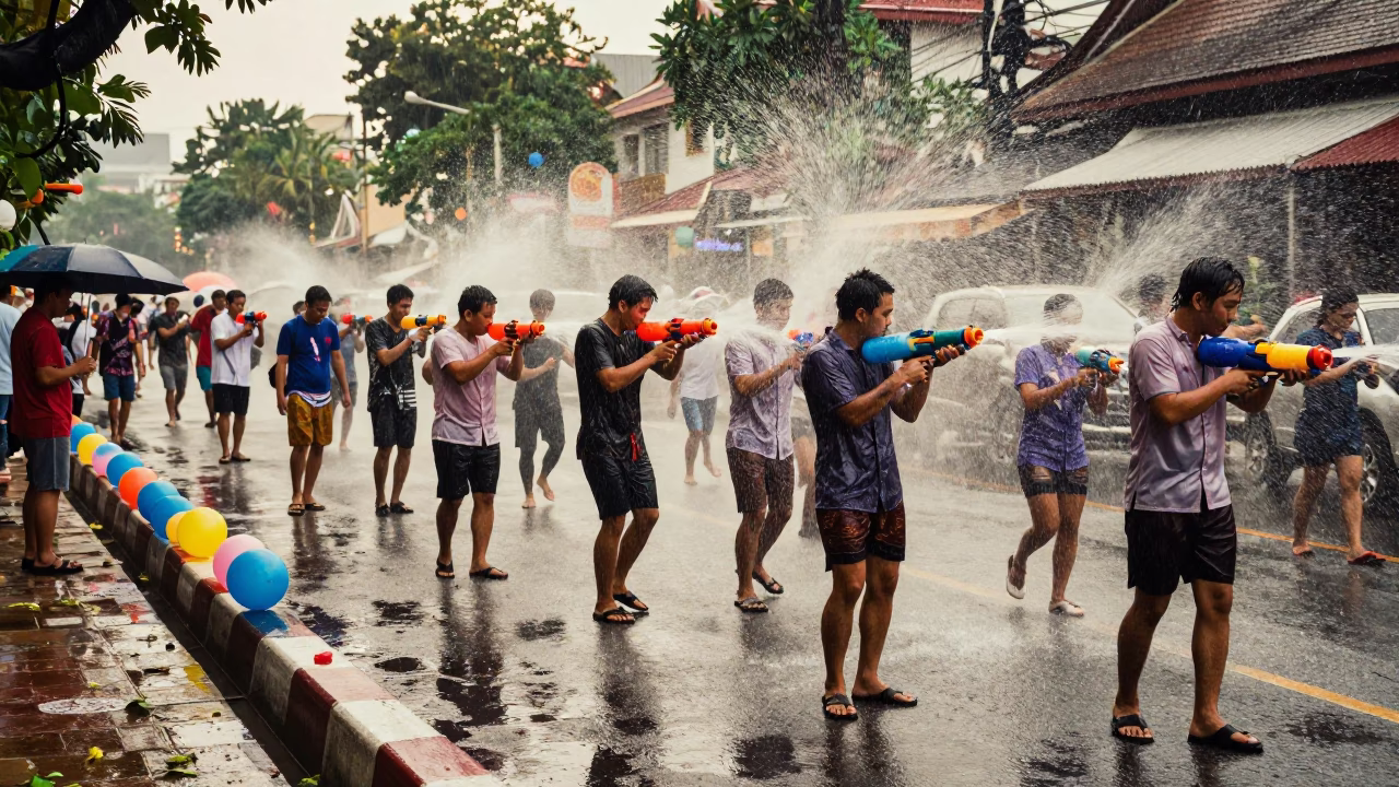 Songkran Water Fight Chiang Mai Wet Season in at a waterfront celebration in Chiang Mai
