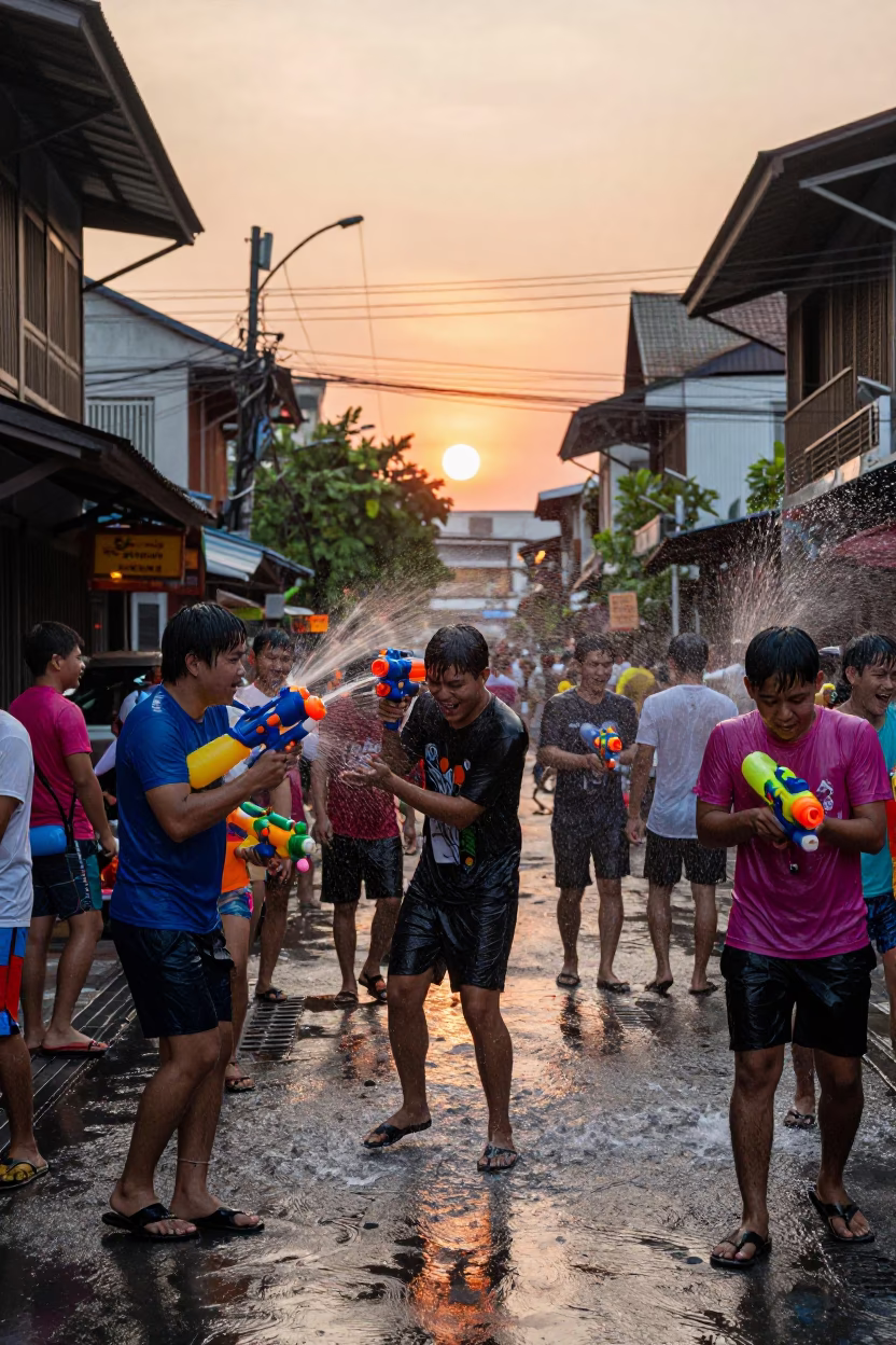 Songkran water fight in Bangkok streets at sunset with joyous locals in in Bangkok, Thailand