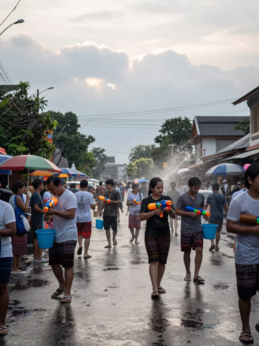Songkran Water Fight Street Chiang Mai Sunrise in at a festival street procession near Chang Moi, Chiang Mai