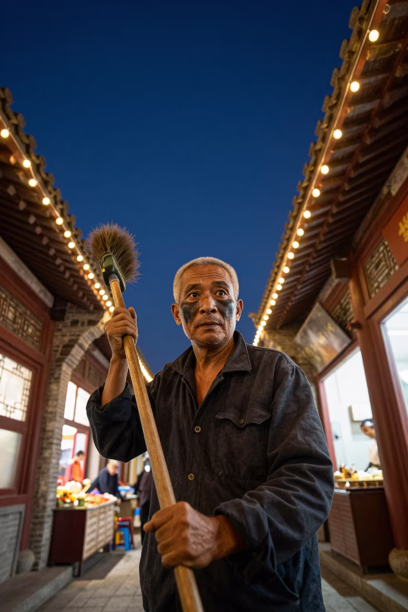 Soot-Faced Chimney Sweep in Xi'an Market Lane in along a market lane in Xian