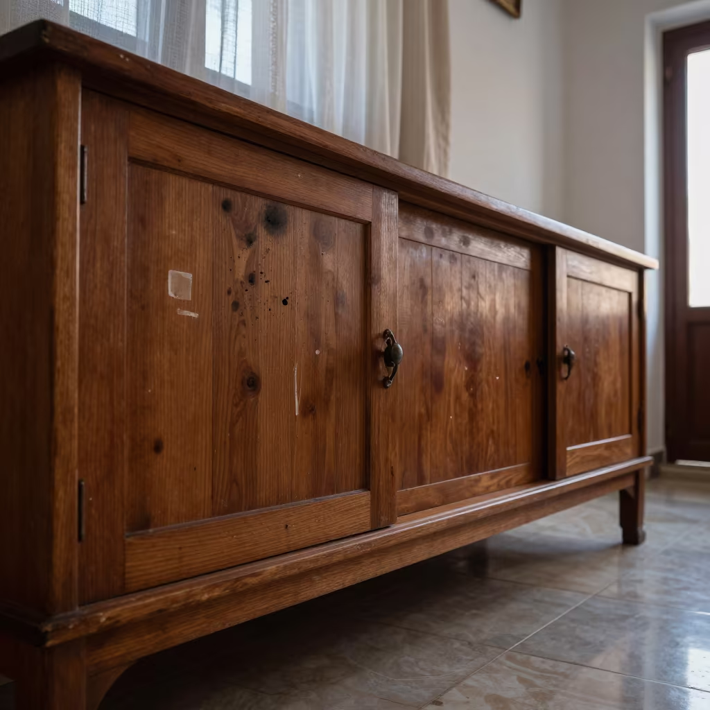 Soot-marked sideboard in Isfahan entry hall in on a bedside table near Isfahan
