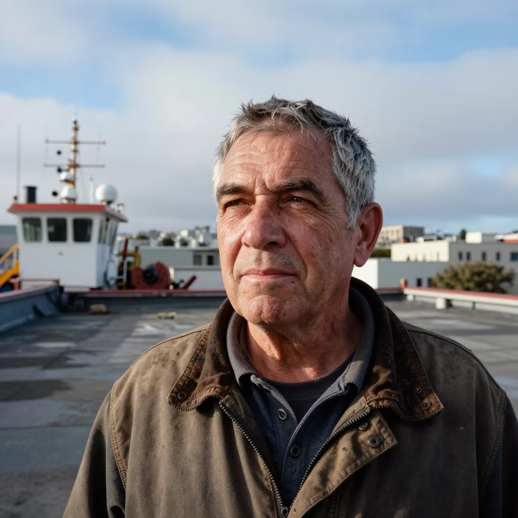 Soot Stained Captain Portrait Late Afternoon in along a windswept rooftop near Castro, San Francisco