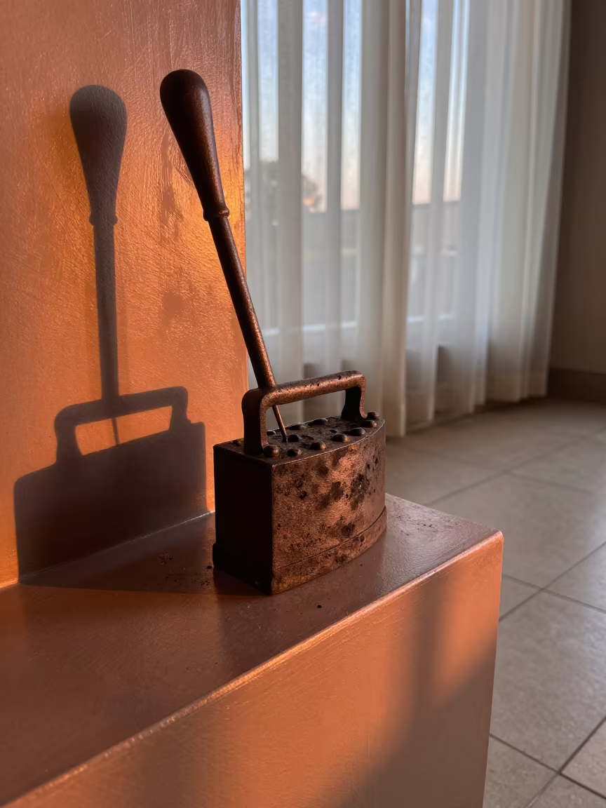 Soot-Stained Poker on Ledge in Luanda Hall in on a painted display ledge in Luanda