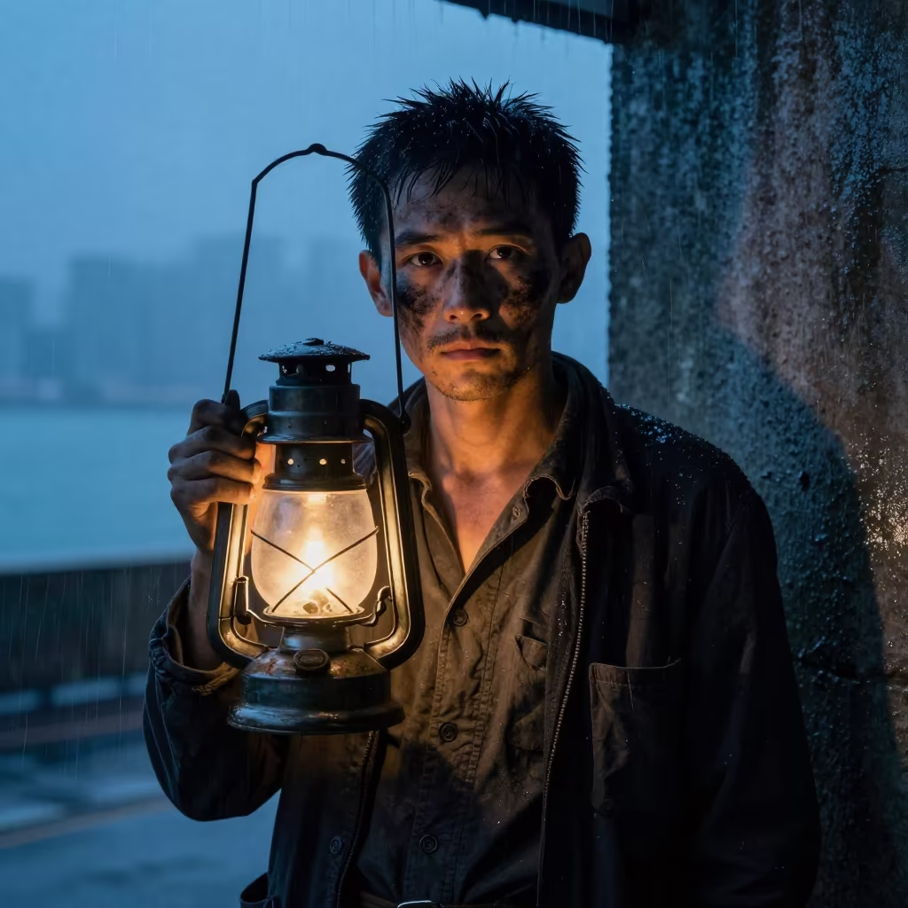 Soot Streaked Hong Kong Miner Before Dawn in in Hong Kong