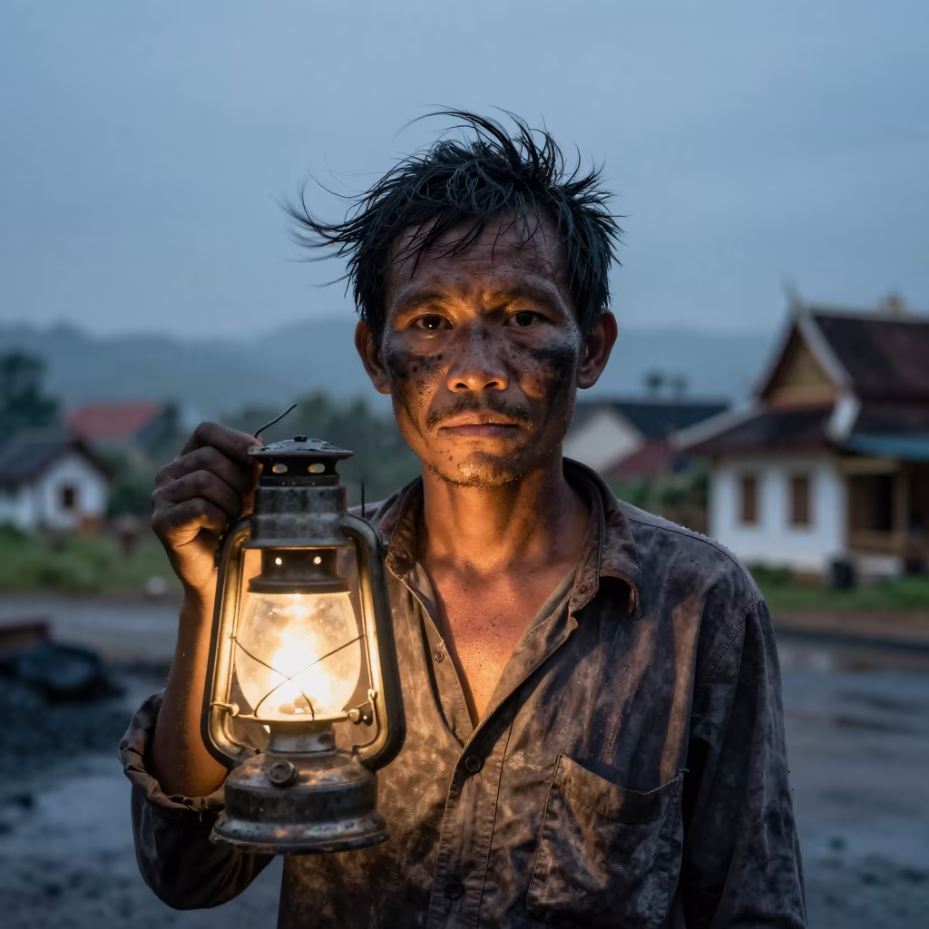 Soot-Streaked Miner Portrait in Luang Prabang Dusk in near Luang Prabang