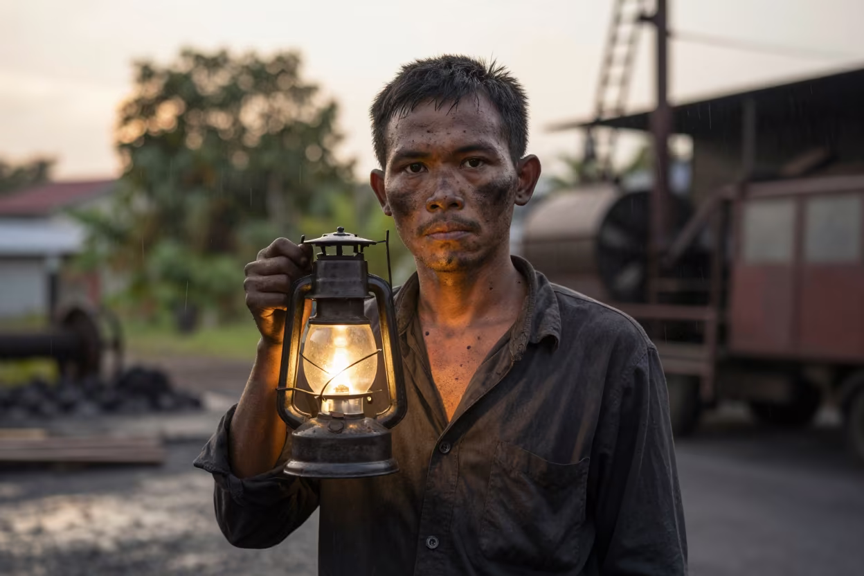 Soot-Streaked Miner Portrait in Warm Edge Light in near Ipoh