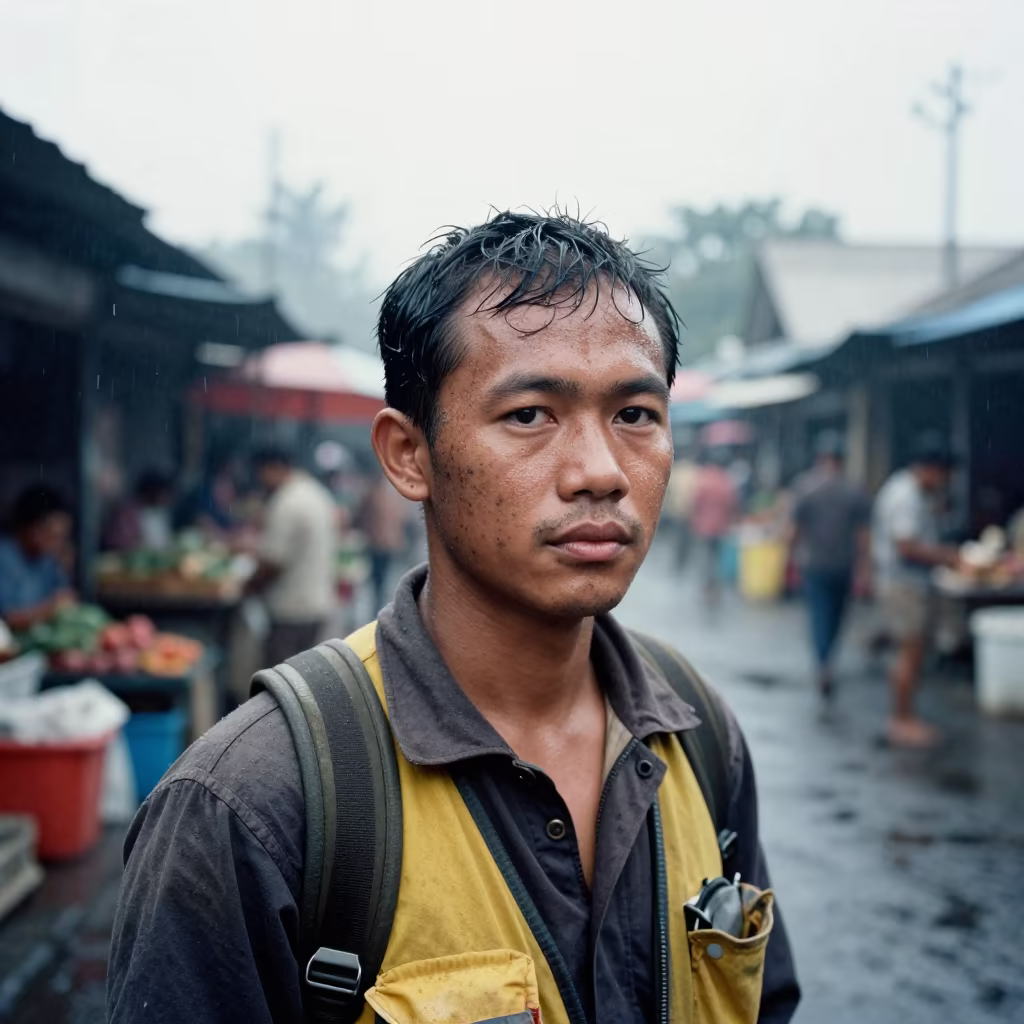 Soot Streaked Smokejumper Portrait in Lombok Market in along a market lane in Lombok