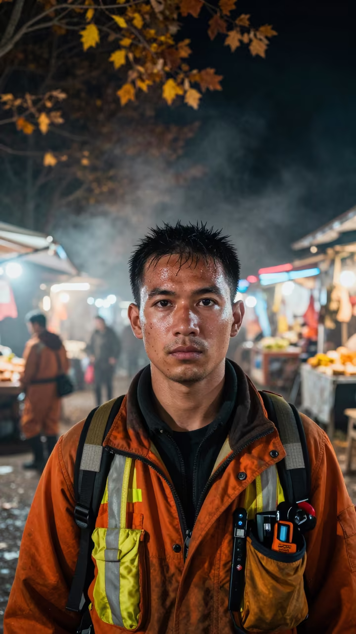 Soot and Sweat Night Portrait Smokejumper Shorouk in along a market lane in Shorouk
