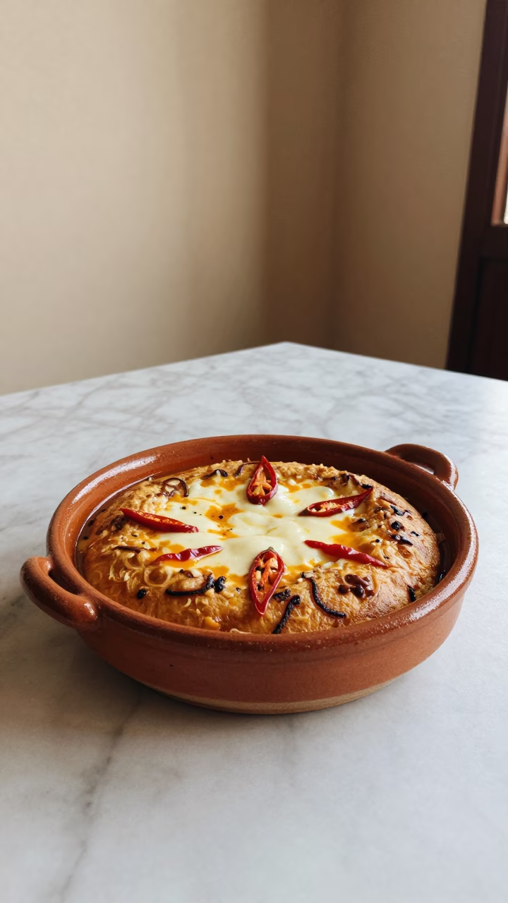 Sopa de Tortilla Bowl on Marble Table in on a marble cafe table in Ziguinchor