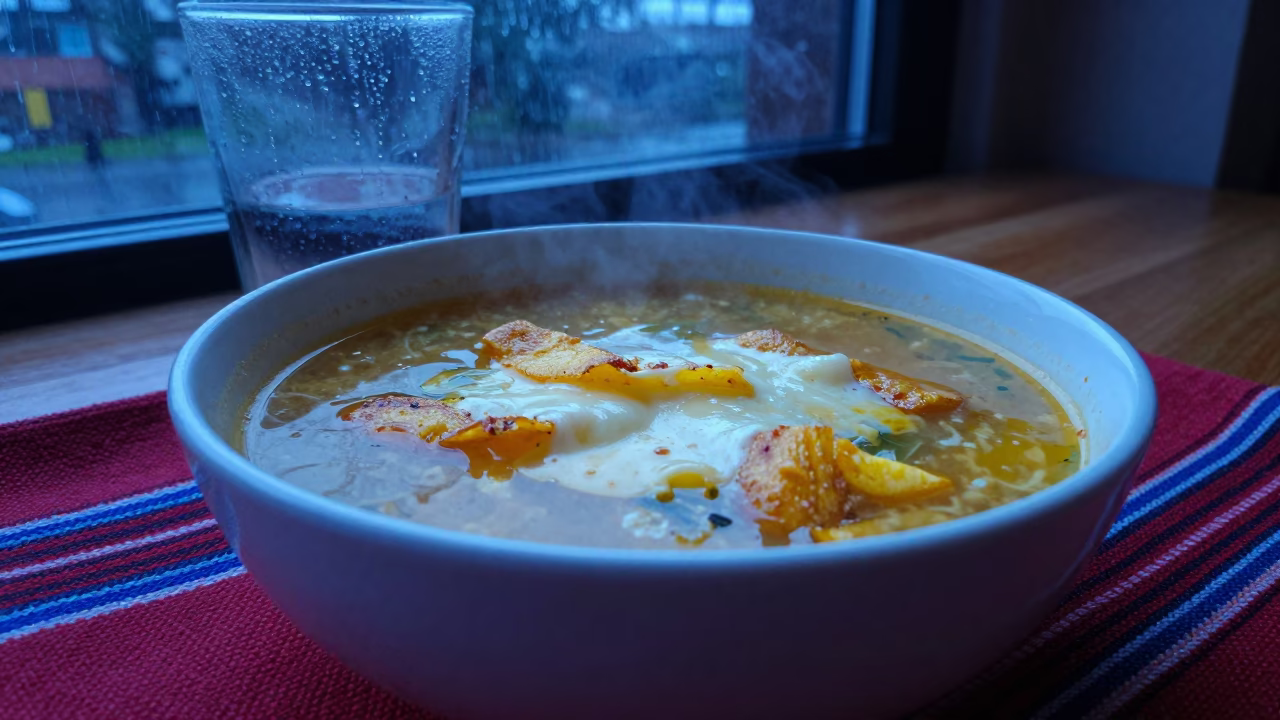 Steaming Sopa de Tortilla with Cheese on Picnic Blanket in on a picnic blanket in Ejido