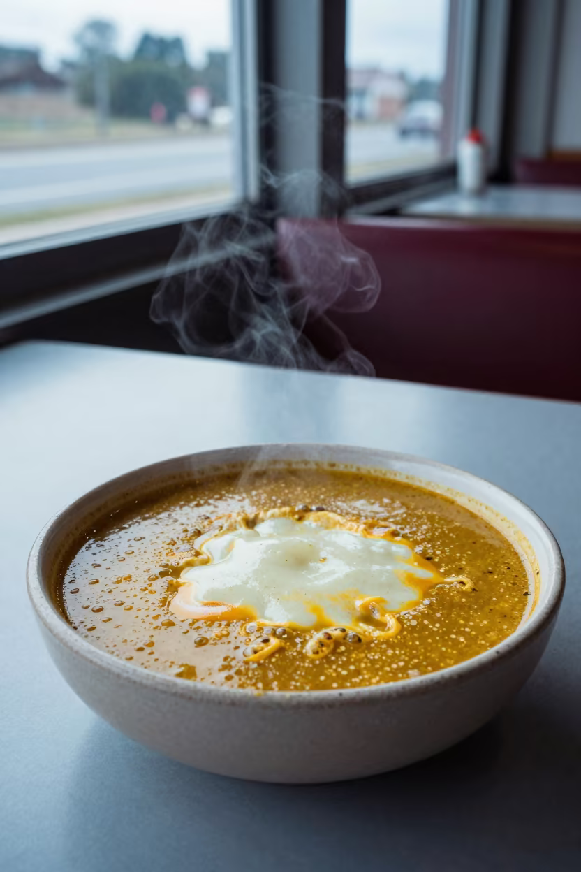 Bowl of Sopa de Tortilla with Cheese in at a roadside diner table in Ulhasnagar