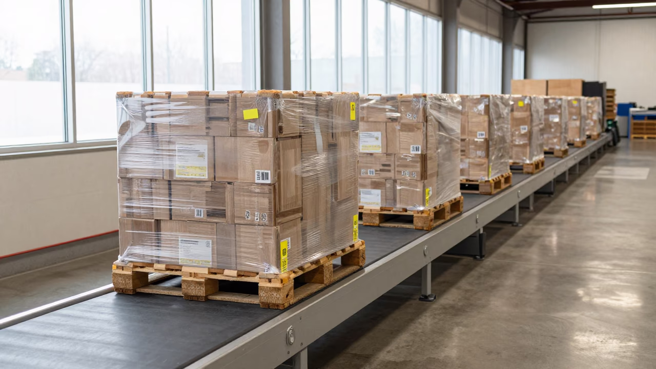 Sorted Cargo Pallets in Baltimore Logistics Hub in at a parcel sorting belt in Baltimore