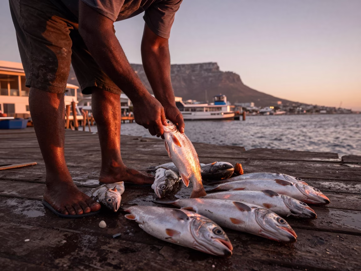 Sorting Catch in Cape Town at Copper-toned Light Before Dusk in in Cape Town, South Africa