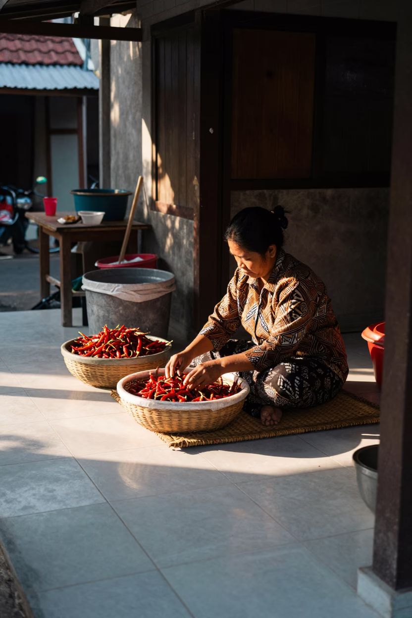 Sorting Chilies in Denpasar in in Denpasar, Indonesia