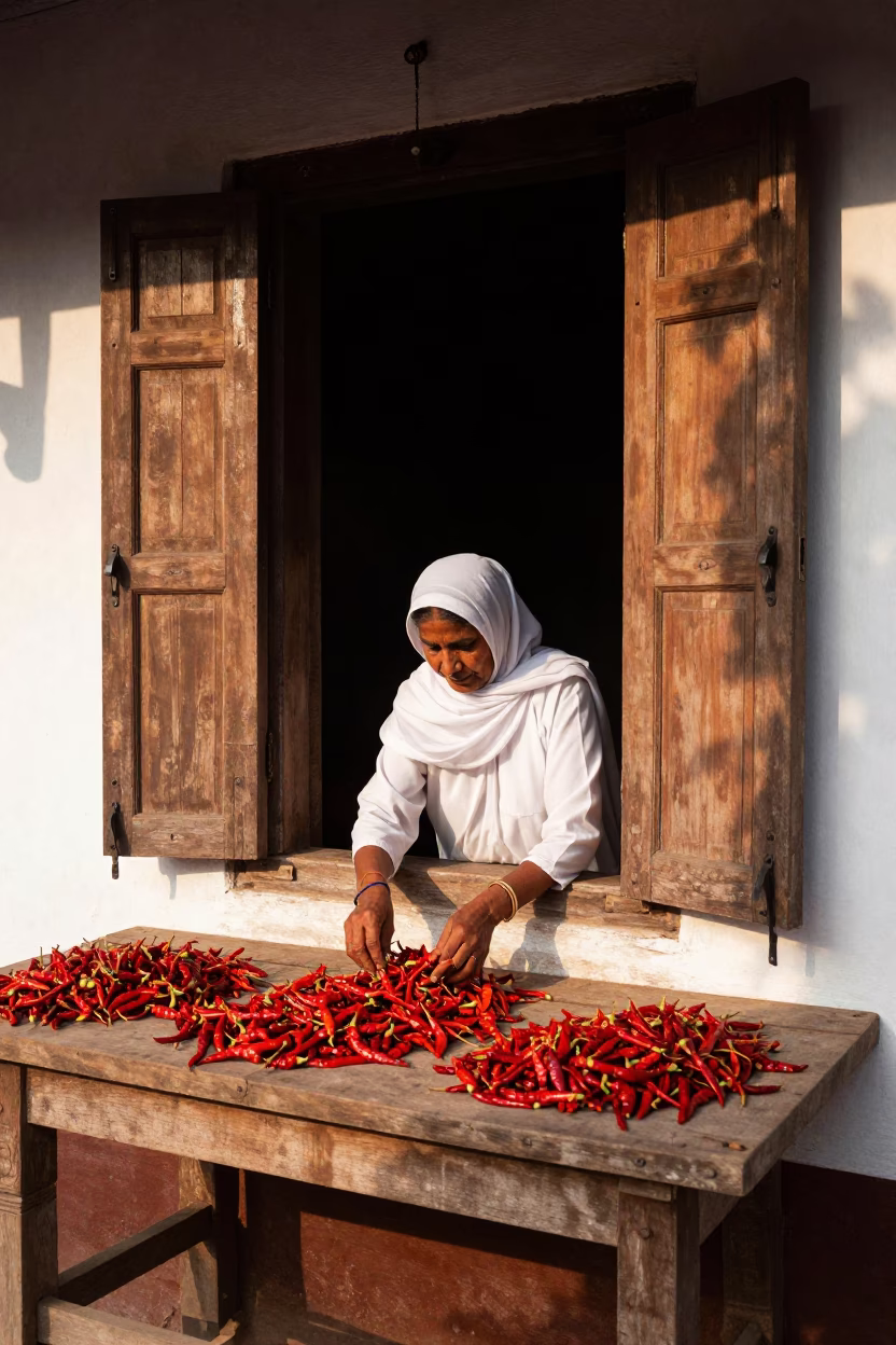 Sorting Chilies in Kochi in in Kochi, India