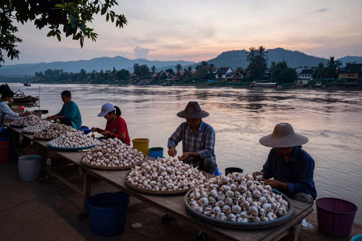 Sorting Garlic in Luang Prabang in in Luang Prabang, Laos