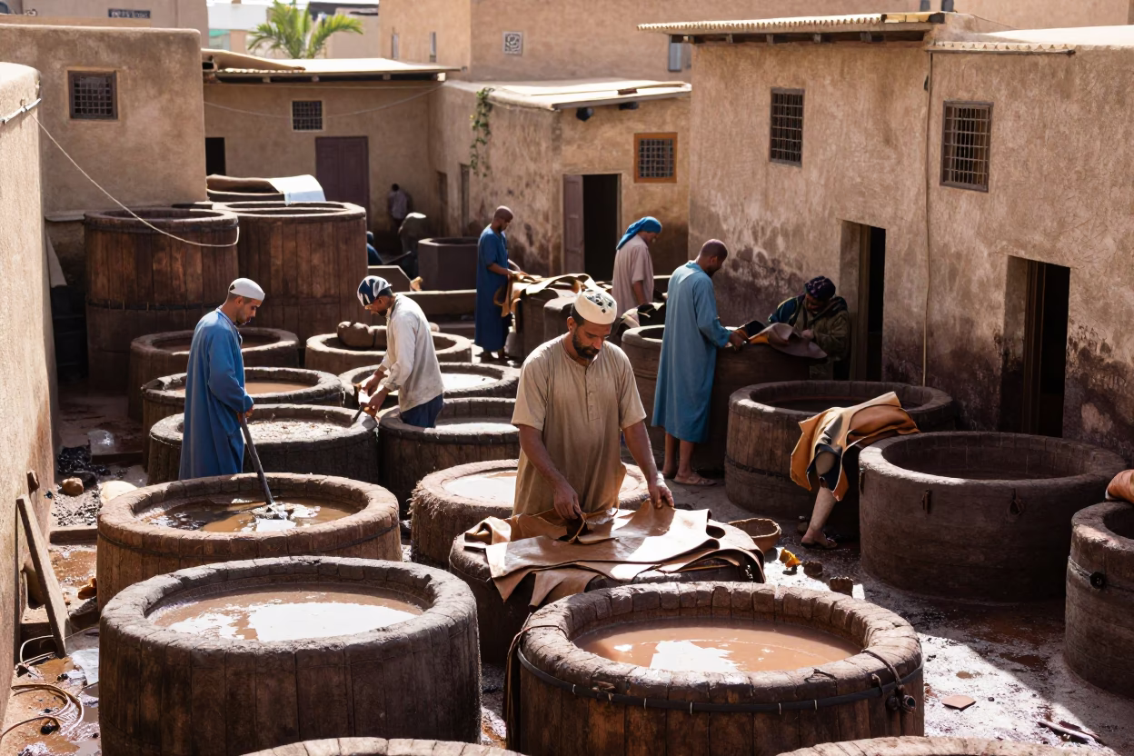 Sorting Leather in Fez in in Fez, Morocco