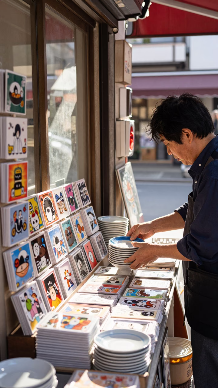 Sorting Postcards in Osaka in in Osaka, Japan