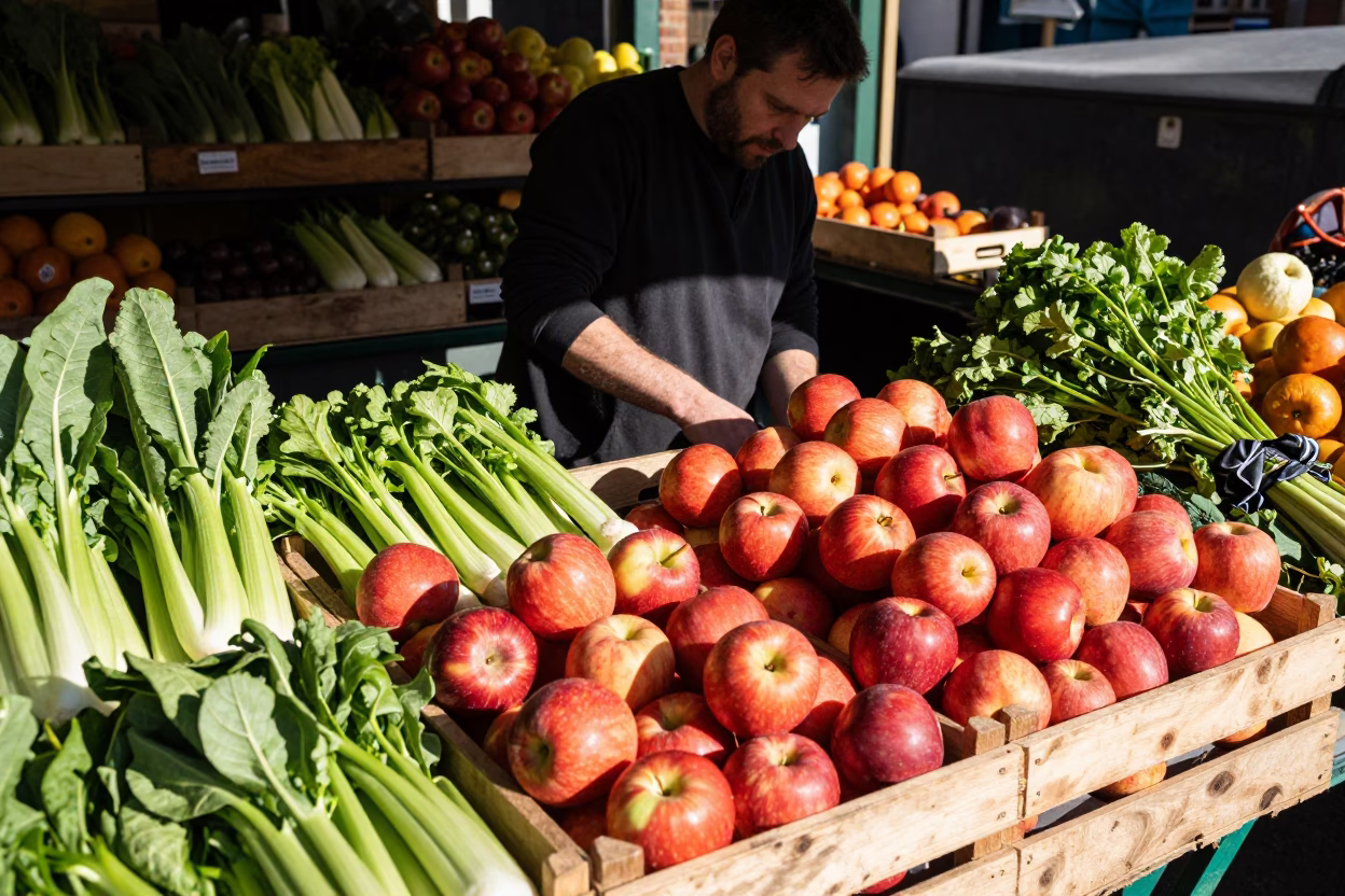 Sorting Produce in London at Late Morning Light in in London, United Kingdom