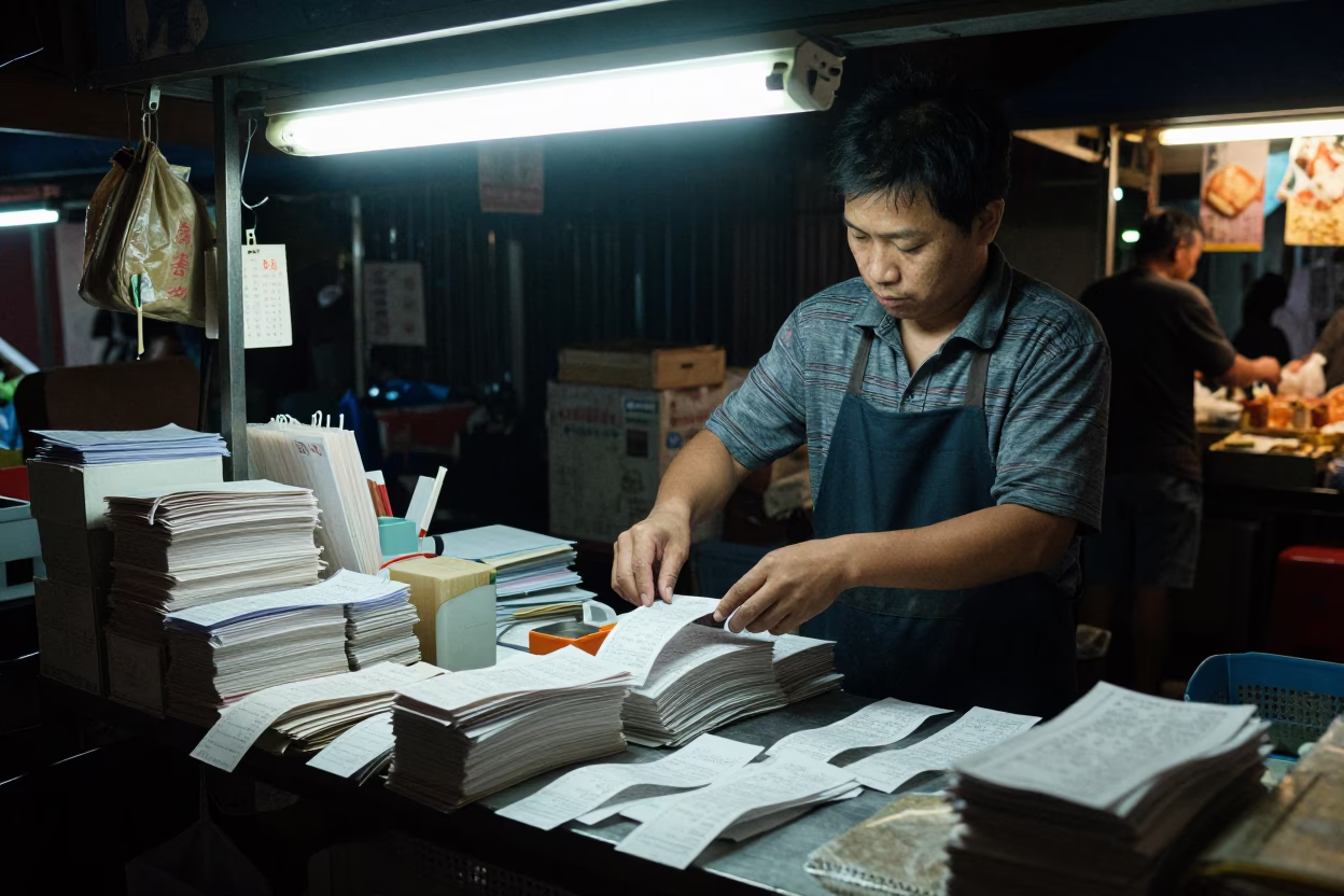 Sorting Receipts in Tainan at Deep In The Night Light in in Tainan, Taiwan