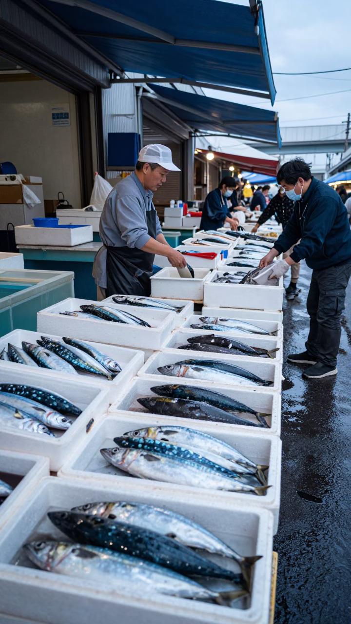 Sorting Seafood in Fukuoka in in Fukuoka, Japan