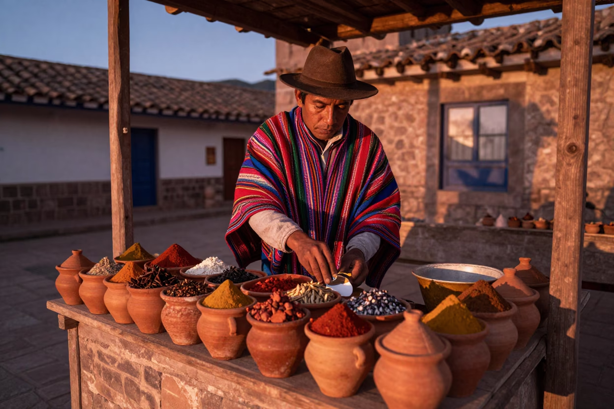 Sorting Spices in Cusco at Copper-toned Light Before Dusk in in Cusco, Peru