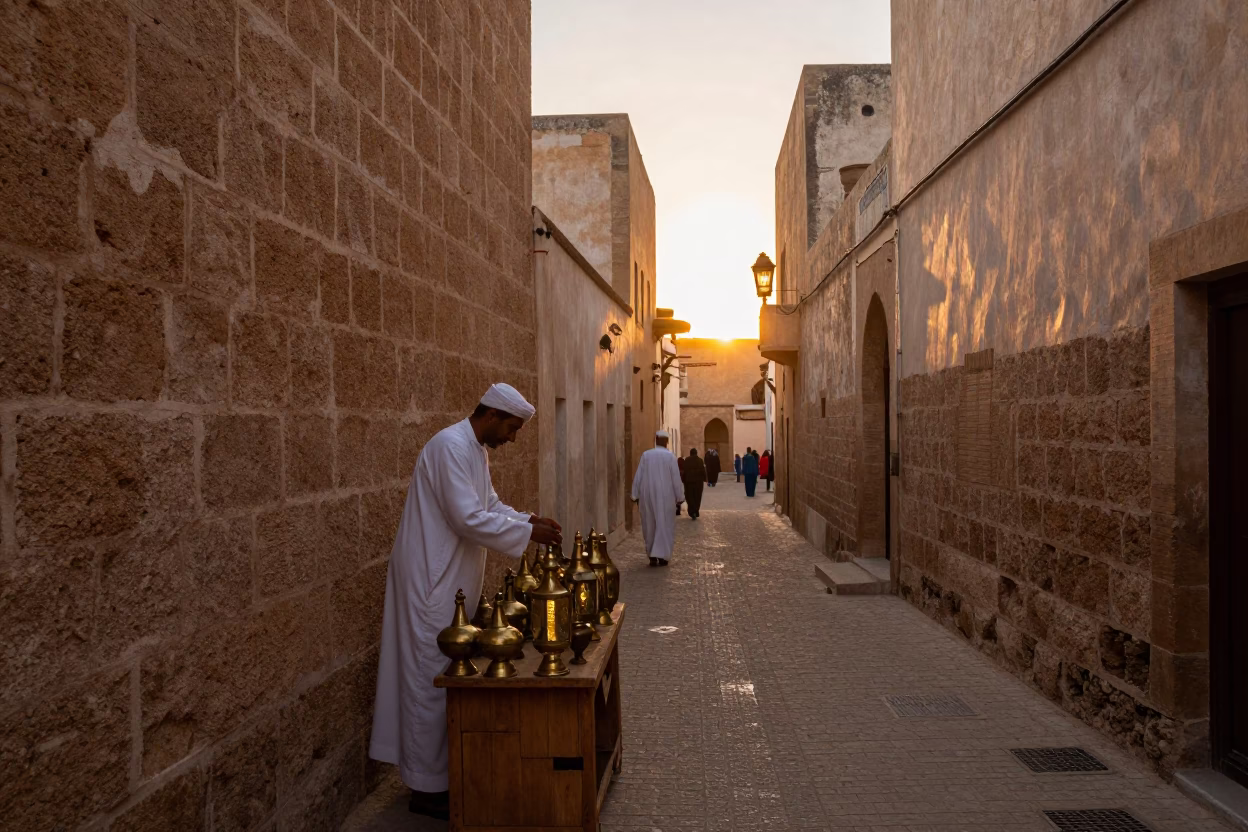 Souk Alley in Essaouira at As The Sun Drops Toward The Horizon in in Essaouira, Morocco