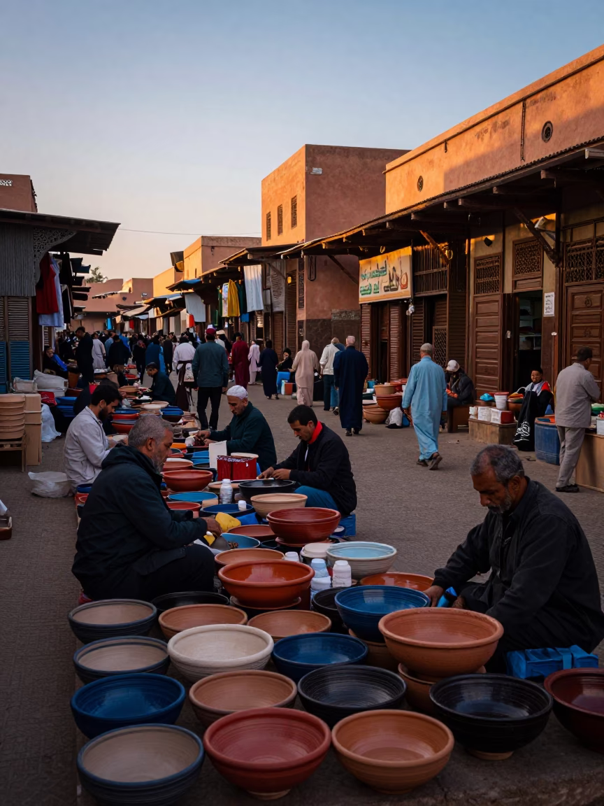 Souk Market in Marrakech at First Light Of Dawn in in Marrakech, Morocco
