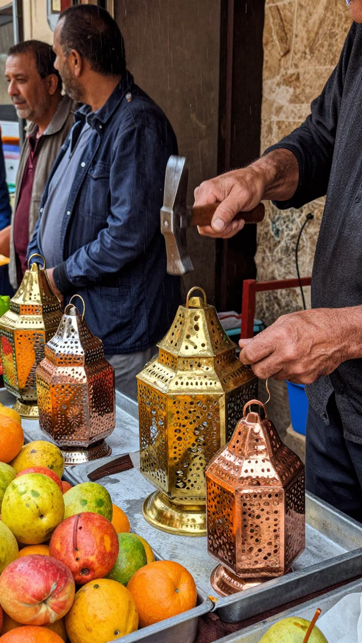 Souk Metalworker Hammering Lanterns at Fez Fruit Stand in at a roadside fruit stand in Fez