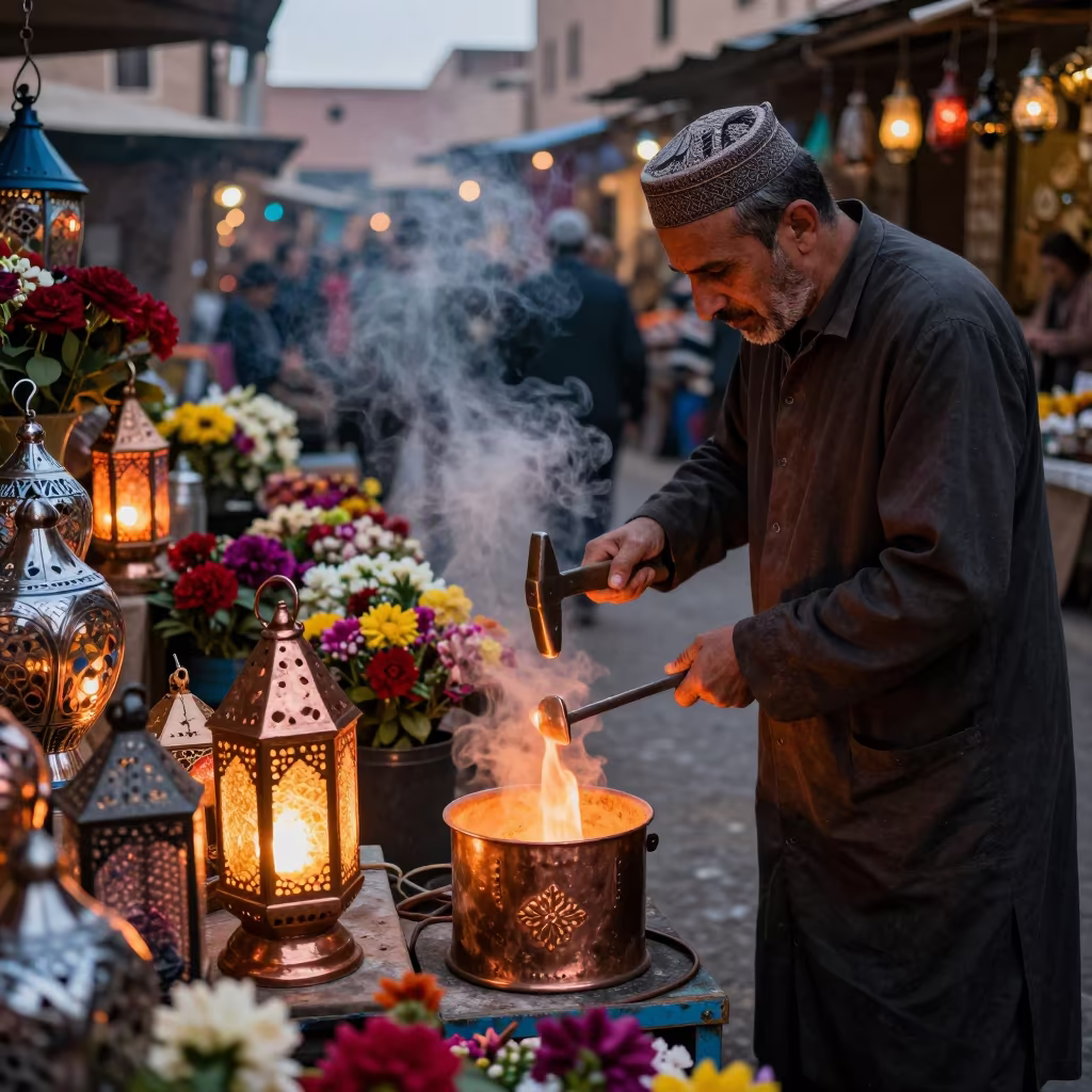 Souk Metalworker Hammering Lanterns at Flower Auction in at a flower auction bench in Medina, Marrakech