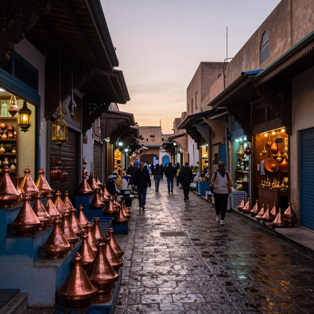 Souk Scene in Fez at Nautical Dawn Light in in Fez, Morocco
