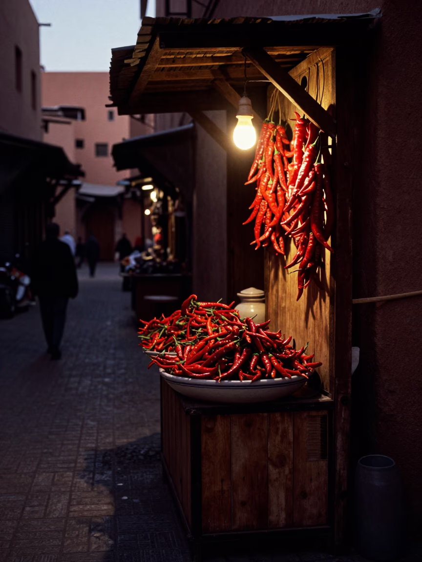 Souk Stall at The Predawn Darkness Light in Marrakech in in Marrakech, Morocco