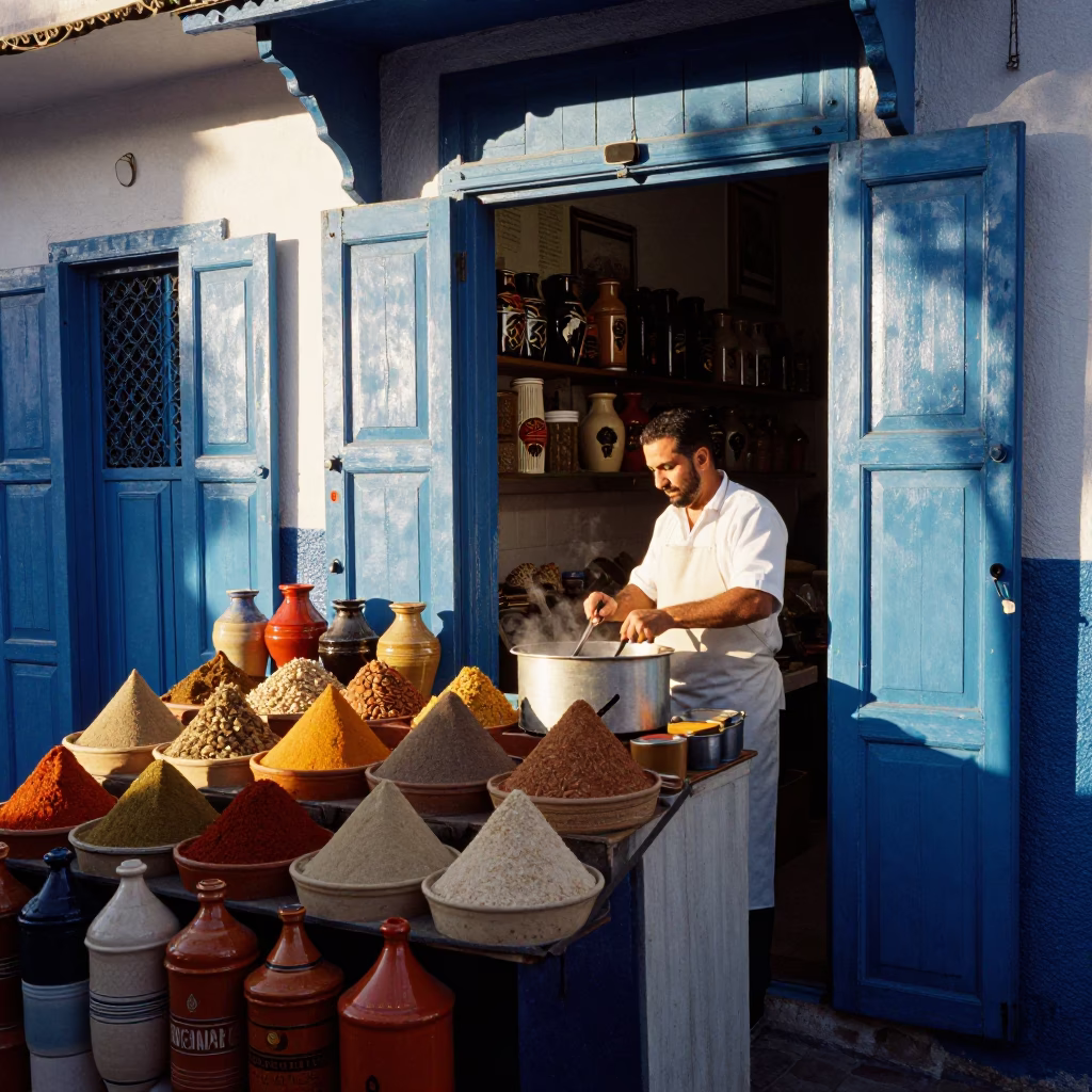 Souk Stall in Essaouira at The Early Morning Light in in Essaouira, Morocco