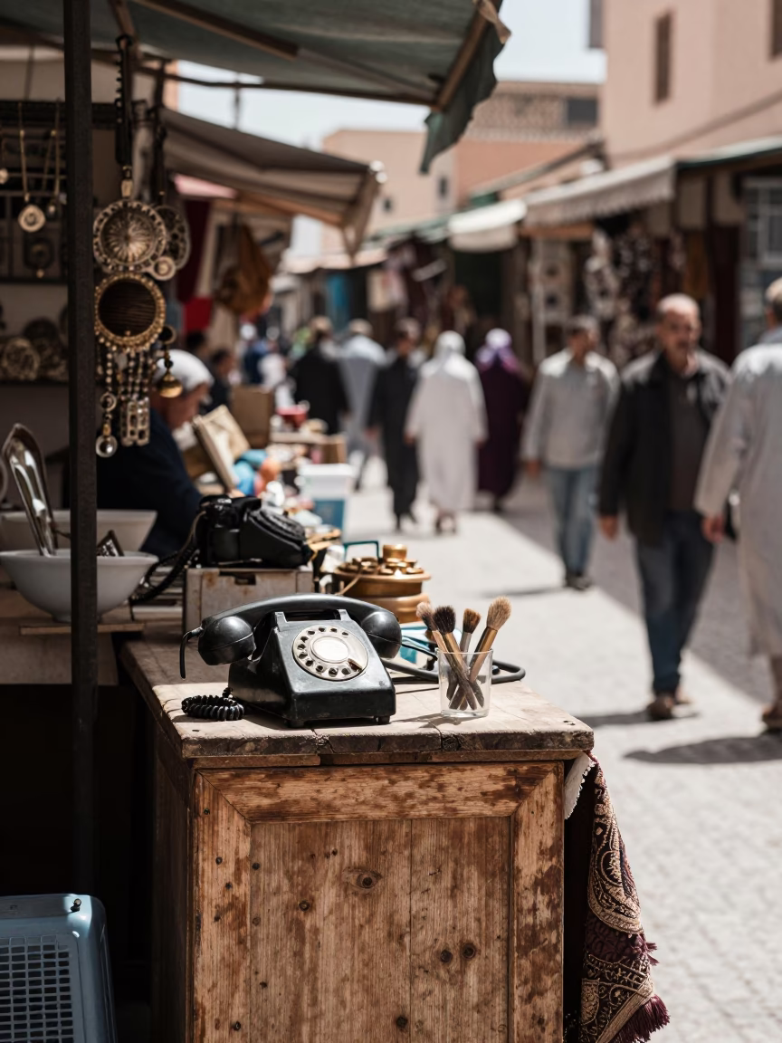 Souk Stall in Essaouira at The Flat Glare Of Noon Light in in Essaouira, Morocco