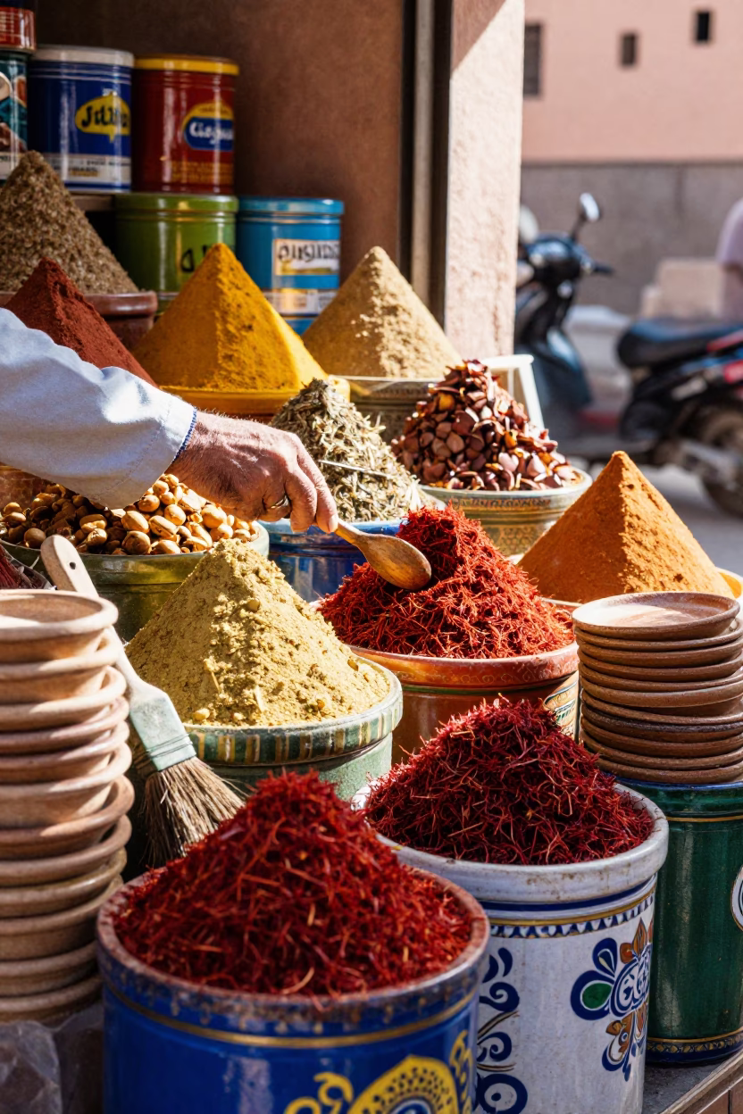 Souk Stall in Marrakech at Bright Midmorning Light in in Marrakech, Morocco