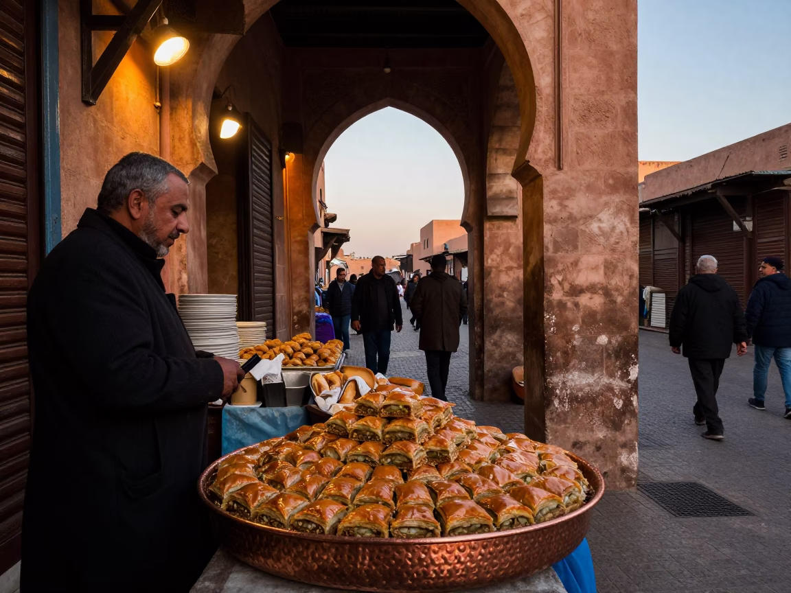 Souk Stall in Marrakech at First Light Of Dawn in in Marrakech, Morocco